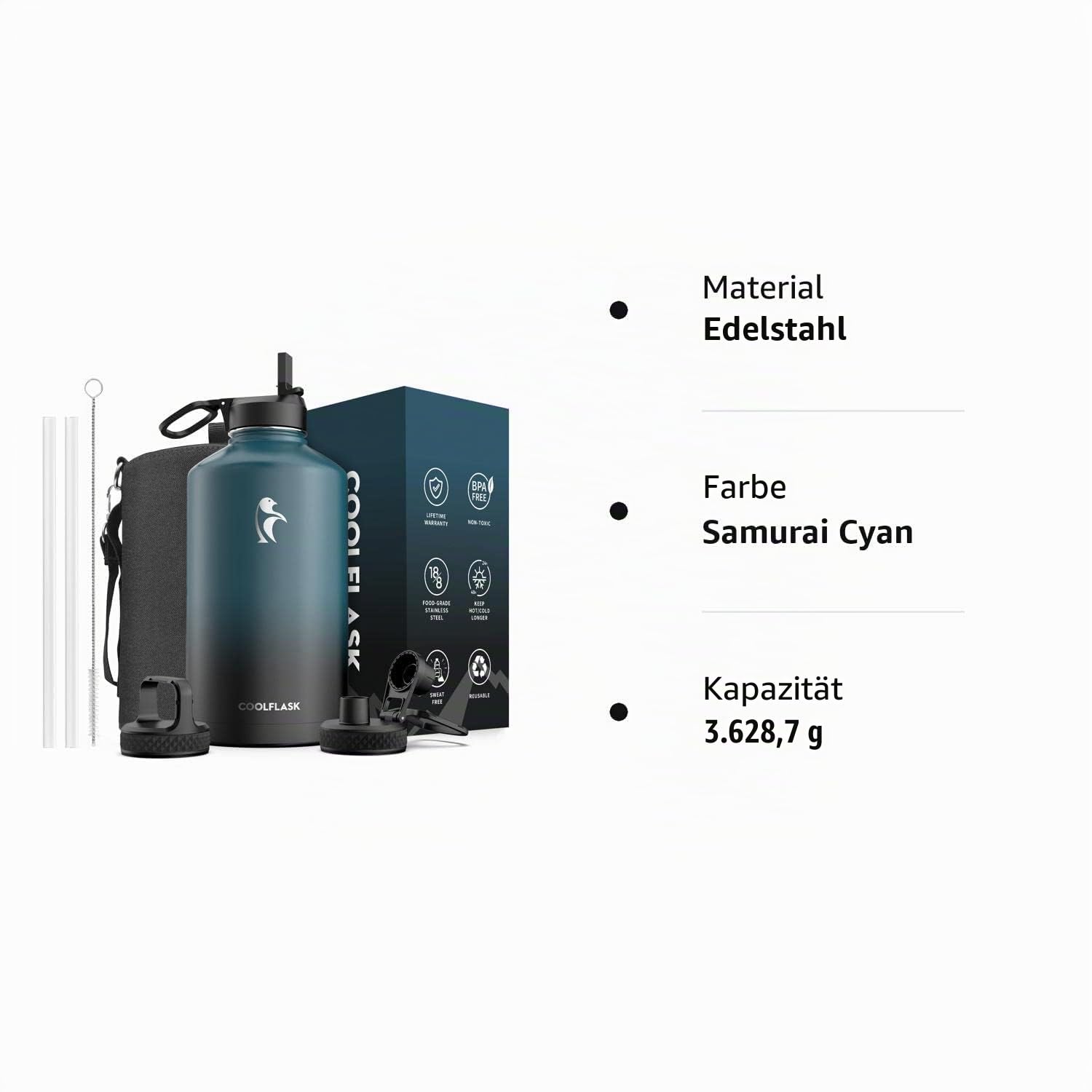 Coolflask Isolierte Wasserflasche, Doppeltes Vakuum Auslaufsicher, Leicht zu reinigen, Wasserflasche mit Strohhalm, 3 Deckeln, Thermosflaschen aus Edelstahl für Sport Büro, 3785 ml, Indigo Schwarz