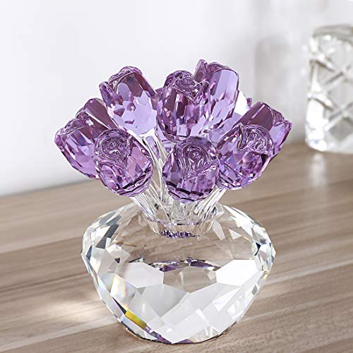H&D Purple Crystal Rose Bouquet Flowers Crystal Figurines Collectibles Ornament Gifts