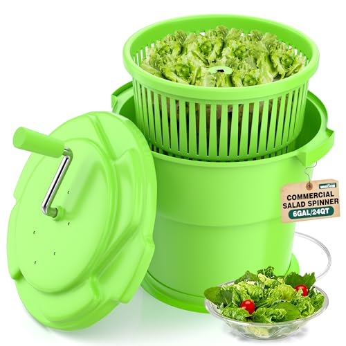 WantJoin Commercial Salad Spinner - [6 Gallon Salad Dryer] w/Silicone [Anti-slip Mat] & [Draining Hose], 24Qt Manual Salad Spinner for up to 7 Heads of Lettuce Spinner Large for Catering, Green