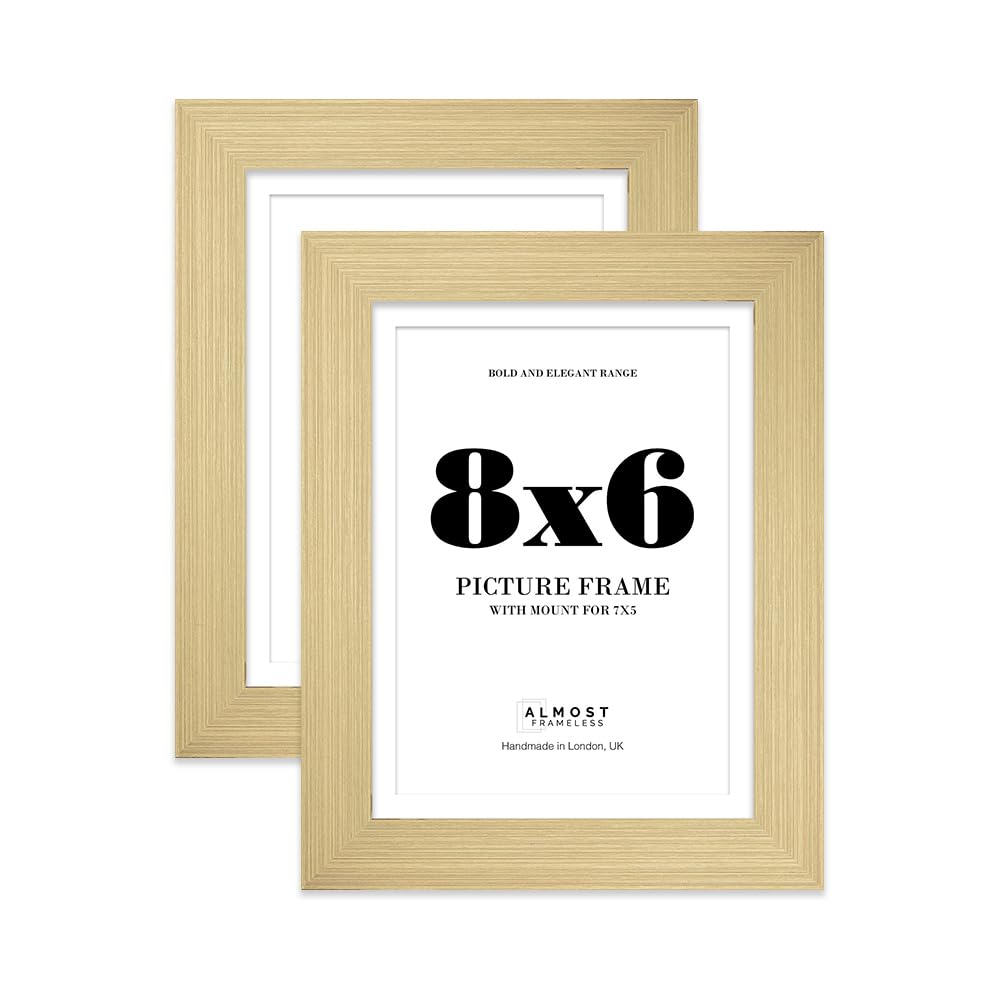 8x6" Gold Frame With Mount for 7x5" Pictures 28mm Edge Portrait and Landscape Display with Wall Hooks and Kickstand, 2 Pack