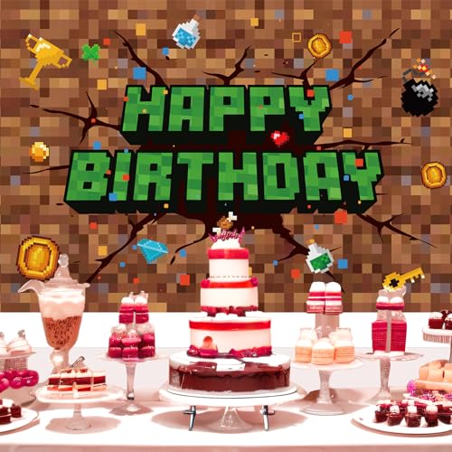 Image of Pixel Happy Birthday Backdrop, 47x32in /120x80cm Pixel Theme Party Decorations Video Game Banner Backdrop for Gaming Birthday Decor