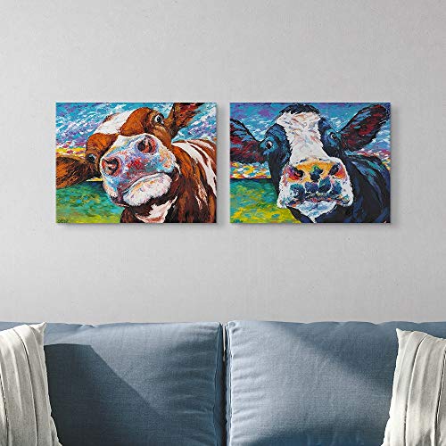 2 Piece Curious Cow Canvas Wall Art Print Set, Farmhouse Home Decor