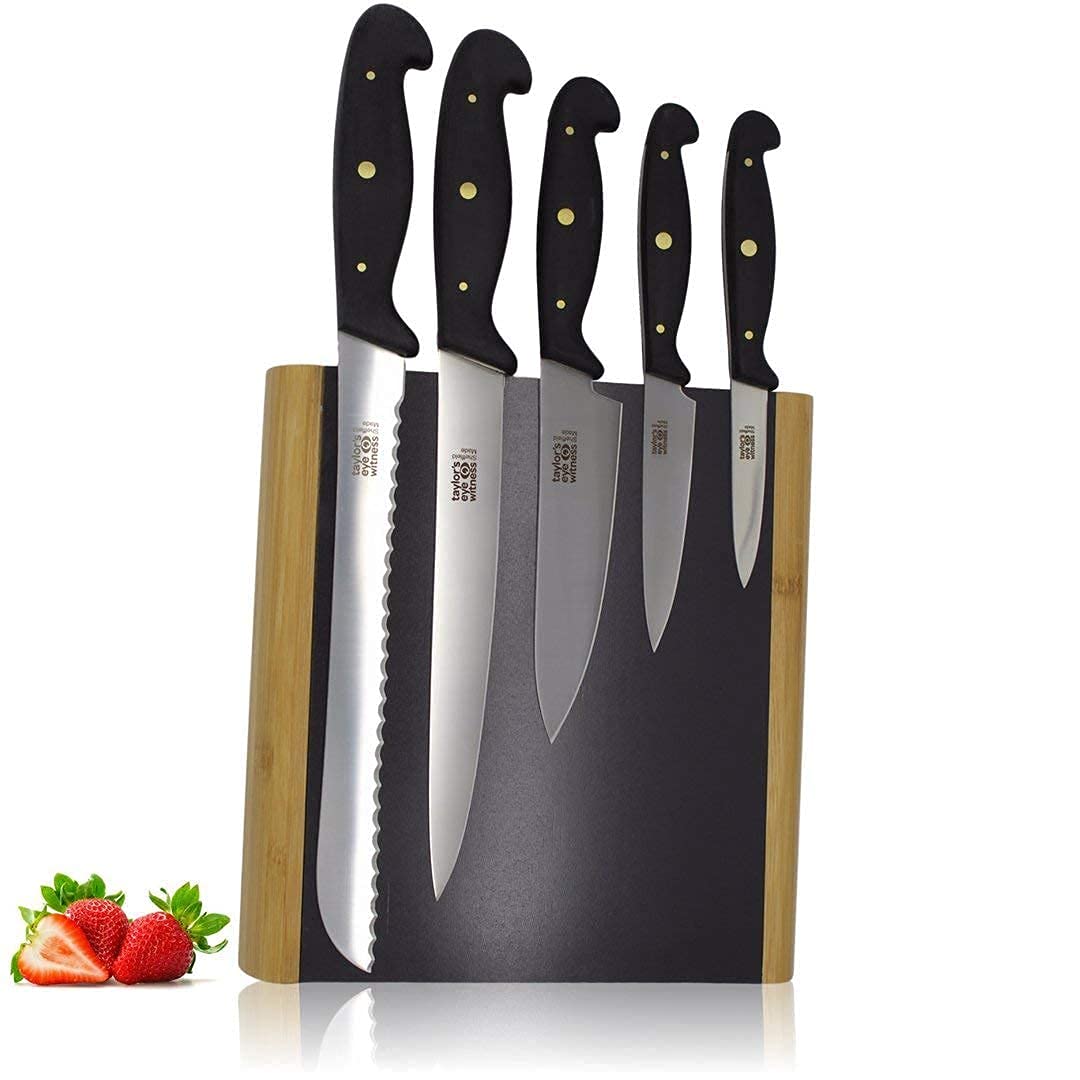 Taylor's Eye Witness Professional Magnetic Block Knife Set - Full Tang, Triple Rivet, High Carbon Steel. 5-Piece Set: Chef, Carving, Bread, Small Cooks, Vegetable Knife. Brown
