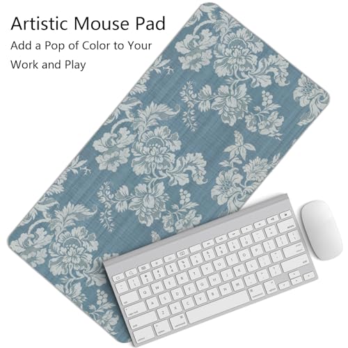Image of Blue Chinoiserie Mouse Pad,Vintage Blue and White Floral Desk Mat,Big Large Vintage Floral Preppy Trendy Mouse Pad,Girly Gaming Mousepad,Girly Laptop Desk Mat for Dorm Home Office,23.6x11.8 In
