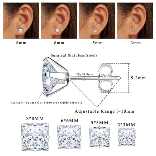 4 Pairs Stainless Steel Earrings, Square Stud Earrings for Men and Women, Hypoallergenic Cubic Zirconia Earing Set Lab-Diamond Princess Cut Jewelry Aretes De Hombre3