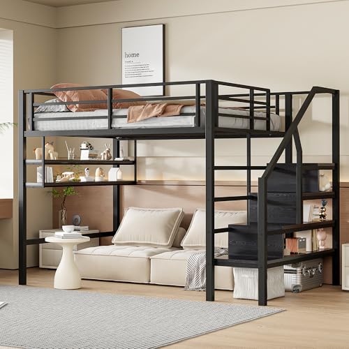 Zravenna Metall Hochbett 140 * 200cm, Freiraum unter dem Bett, Etagenbett Hoch mit Regale, Ablagetreppe, Erwachsene&Jugendzimmer, ohne Matratze...