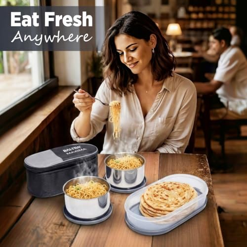 Image of BALTRA LUNA Set of 3Pcs Lunch Box with Insulated Fabric Bag For Daily Use | 2 x 220ml Stainless Steel Container, 1 x Oval Container | Lightweight Leakproof Airtight Tiffin Box Case For Office & Travel