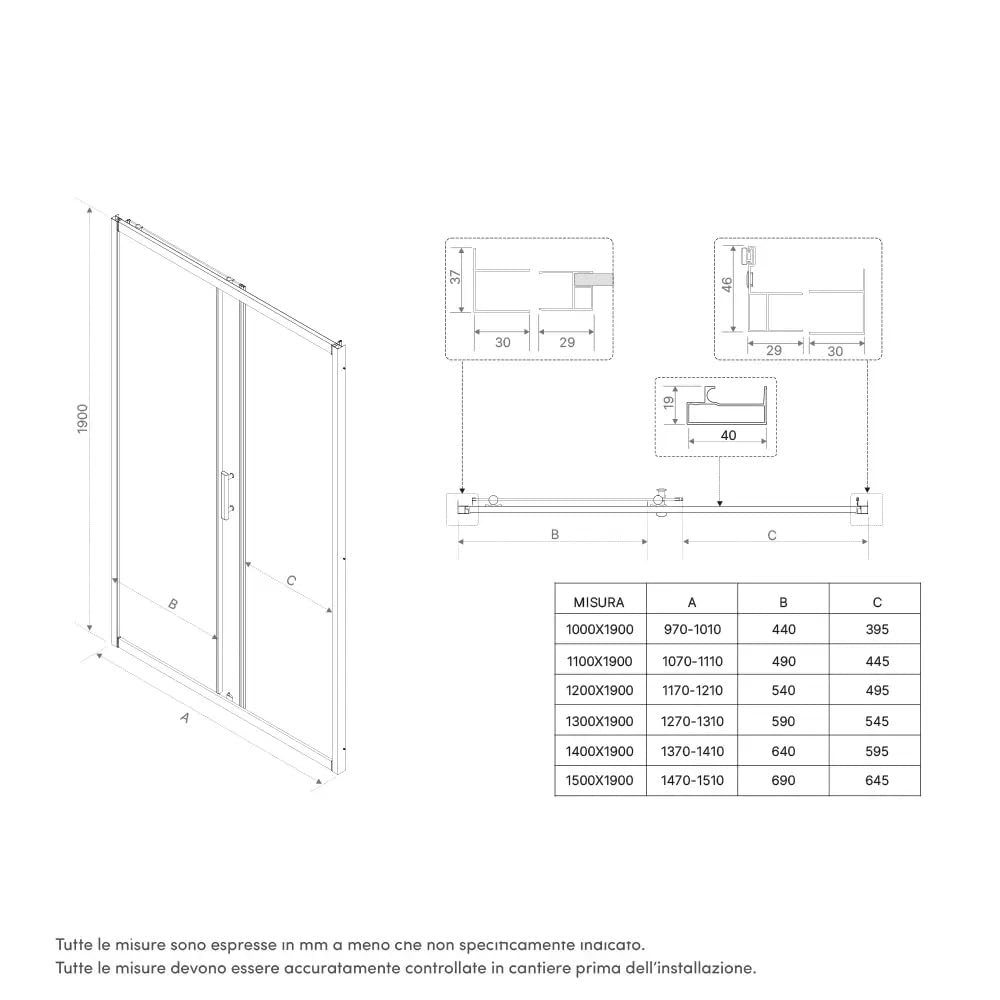 Box Doccia Nicchia 120cm Apertura Scorrevole Vetro Temperato Opaco 6mm Trattamento Anticalcalcare Maniglia in Acciaio Inox 304 h190cm mod. Tenerife