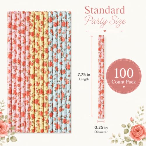 Image of ALINK Floral Paper Straws, Biodegradable Disposable Flower Straws for Bridal /Baby Shower, Wedding, Shabby Chic /Vintage Tea Party, Birthday, Events and Crafts Decorations