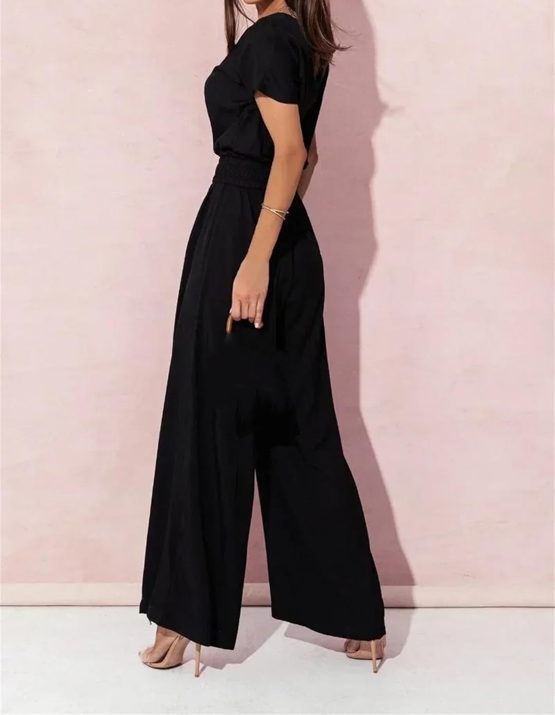 Yeuyyben Pagliaccetto estivo da donna con scollo a V manica corta gamba larga cintura casual elegante tinta unita