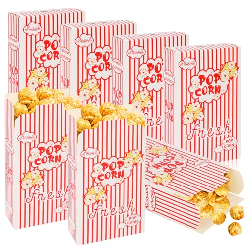 Image of 200 Pack Popcorn Boxes for Party, 1.25 oz Popcorn Containers for Party, Popcorn Boxes Bulk, Red and White Striped Close-Top Cardboard Pop Corners Bags Individual Servings for Movie Night Supplies