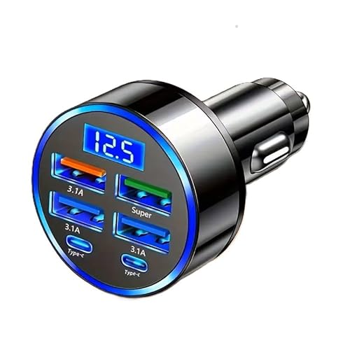 USB-C 6-Port Super Fast Car Charger with LED Voltage Monitor | Multi-Device Cigarette Lighter Adapter Compatible with iPhone, Samsung, Huawei, OnePlus, Oppo & Vivo Phones