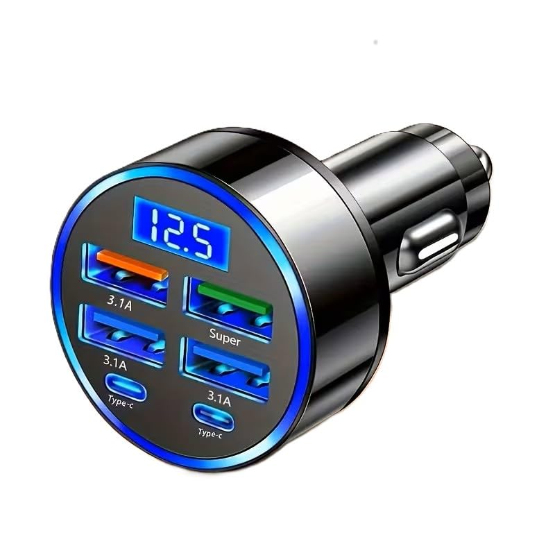 USB-C 6-Port Super Fast Car Charger with LED Voltage Monitor | Multi-Device Cigarette Lighter Adapter Compatible with iPhone, Samsung, Huawei, OnePlus, Oppo & Vivo Phones