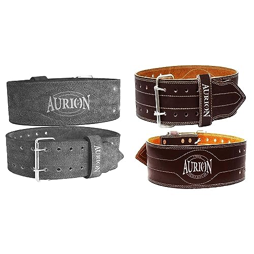 Image of Aurion Pro Dead Lift Genuine Leather Weight Lifting Lever Belt (Large, Grey, Pack of 1) & Aurion Premium Pro Genuine Leather Weightlifting Belt - (Large Size, Coffee Color, 1pc)