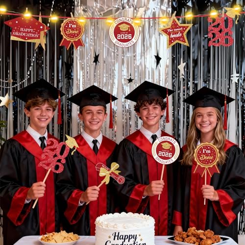 Image of Graduation Decorations for Class of 2026-60pcs Glitter Red Gold Graduation Table Centerpieces Sticks with LED String Lights for College High School 2026 Graduation Party Favors Supplies