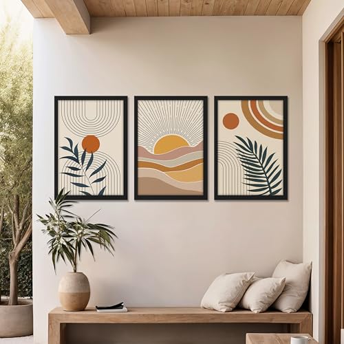 Image of NoWorries Boho art Framed Painting Set of 3 | Abstract prints mid century modern decor Frames | Sun wall art neutral wall decor minimalist line art | Botanical leaf prints scandinavian wall art Fame | Beige aesthetic Decor for living room, bedroom, office and gallery (Art-14, 10x13inch, Wooden)