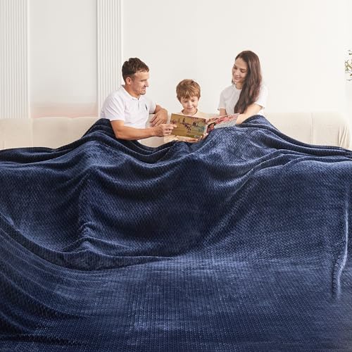 Oversized King Fleece Blanket 120x120 Inches, Seamless Soft Cozy 3D Jacquard Flannel Blanket 10'x10' Extra Large for Bed, Sofa, Couch, Travel & Camping, California King Throw, Navy Blue Leaf