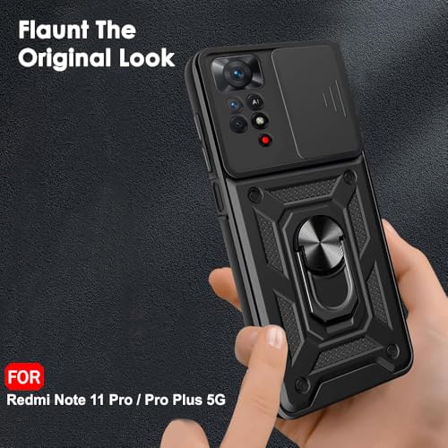 Image of TheGiftKart Tough Armor Bumper Back Cover Case for Mi Redmi Note 11 Pro /Pro Plus 5G | Kickstand & Ring Holder | 360 Degree Protection Back Cover Case (PC & TPU, Sliding Camera Cover, Black)