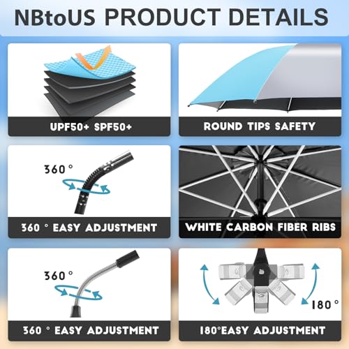 NBtoUS 2 PACK Beach Umbrella with Universal Clamp, UPF 50+ 360 ° Adjustable Beach Shade Umbrella,Portable Outdoor Umbrella for Beach Chair, Camping Chair(light blue/silvery, Not Include Chair), Large - Image 3