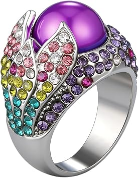 Womens Statement Rings Luxury Deep Purple Simulated Pearl Stunning Cocktail Exaggerated Big Ring Rainbow Colored Gem Full Crystal Petals Anniversary Wedding Band for Women Size 7