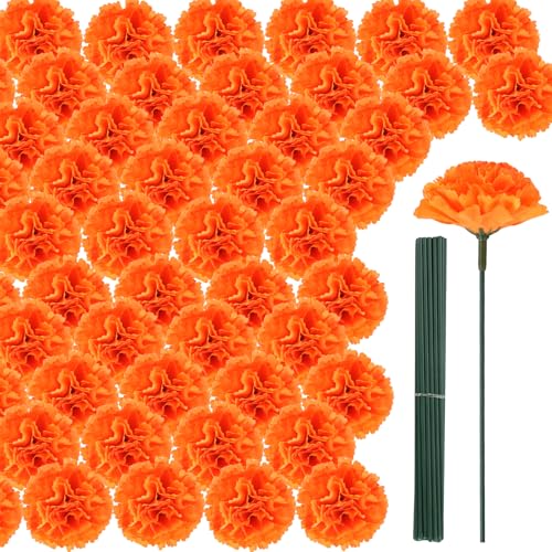 TOSAMZOO 30Pcs Artificial Marigold Flower Heads & Stems Bulk Silk Marigold Flowers for Dia de Los Muertos Decor Day of the Dead Altar Ofrenda DIY Garlands Halloween Autumn Home Decorations