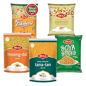 Bikaji Snacks Combo – SOYA STICKS & SALTED PEANUT & TANA-TAN (Aloo Bhujia) & FALHARI MIX & Moong Dal | 5 Pack Variety | Bar Snacks, Party Mix & Tea-Time Treats – 1 Kg