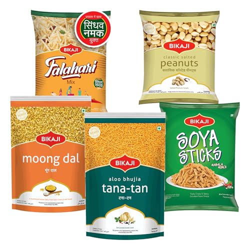 Bikaji Snacks Combo – SOYA STICKS & SALTED PEANUT & TANA-TAN (Aloo Bhujia) & FALHARI MIX & Moong Dal | 5 Pack Variety | Bar Snacks, Party Mix & Tea-Time Treats – 1 Kg