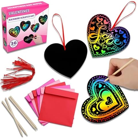 MDCGFOD 36 Pack Valentines Day Gifts for Kids, Rainbow Scratch Heart Crads Valentine Crafts for Kids - Create Magic Color Scratch Art for School Classroom Game Prizes Valentines Party Favors Cover