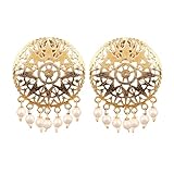 Touchstone Indian Bollywood pretty embossing work light weight traditional white pearls bunches designer jewelry earrings for women in gold tone