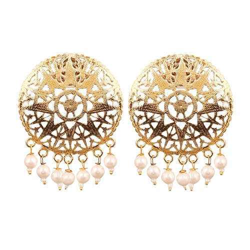 Touchstone Indian Bollywood Fine Filigree Jali Handcrafted White Pearls Bunches Elegantly Stylized Designer Jewelry Earrings in Antique Gold Or White tone for Women.