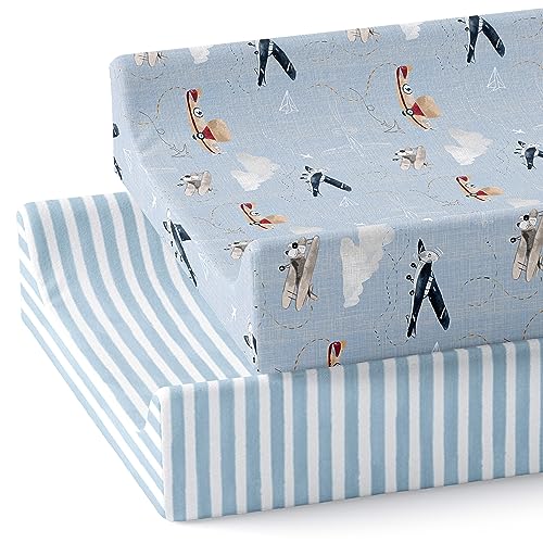 Image of Baby Changing Pad Cover 2-Pack for Boys, Girls (Watercolor Airplanes and Clouds) - Premium Fitted Sheets Baby Diaper Changing Table Cover - Buttery Soft Cotton Blend