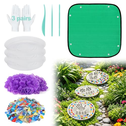 3 Sets 10in Stepping Stone Kit - Includes Concrete Molds & Letter Number Stamps Mosaics Tiles Carving Tools Gloves & Mat Make Your Own Stepping Stones Outdoor for Mothers Day Garden Walkway