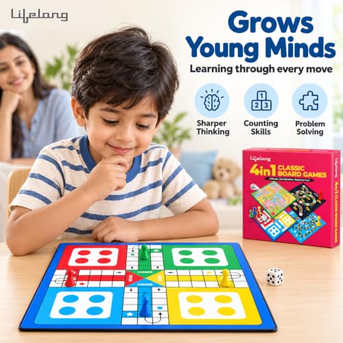 Image of Lifelong 4-in-1 Classic Board Games Set | Ludo, Snakes & Ladders, Money Game & Drive Your Car | Indoor Educational Board Game Set with Dice & Pawns | Fun Games for Boys, Girls & Adults
