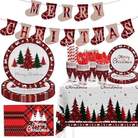 MEHOFOND Christmas Party Decorations, 194 Pcs Red Buffalo Plaid Disposable Tableware Set Christmas Tree Plates and Napkins Merry Christmas Banner Tablecloth for Xmas Party Decorations Cover