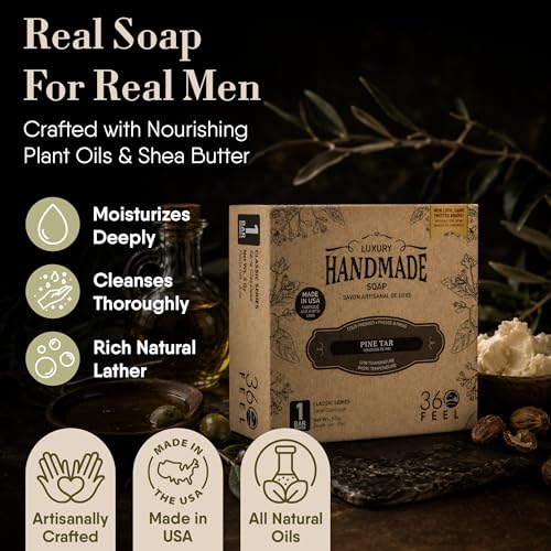 Image of 360Feel Handmade Castile Soap - Pine Tar, 5 oz, 4-Pack | Made in the USA, Cold-Processed, Moisturizing with a Artisanal Scent for Relaxation - Calm, Rich, Creamy Lather