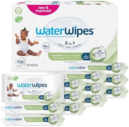 WaterWipes Sensitive+ Baby & Toddler Wipes, 99,9% Wasser, 12 Pack | 3-in-1: reinigt, pflegt & schützt, strukturierte Reinigung, hypoallergen, 0% Duft & Alkohol, 720 Stück für den A