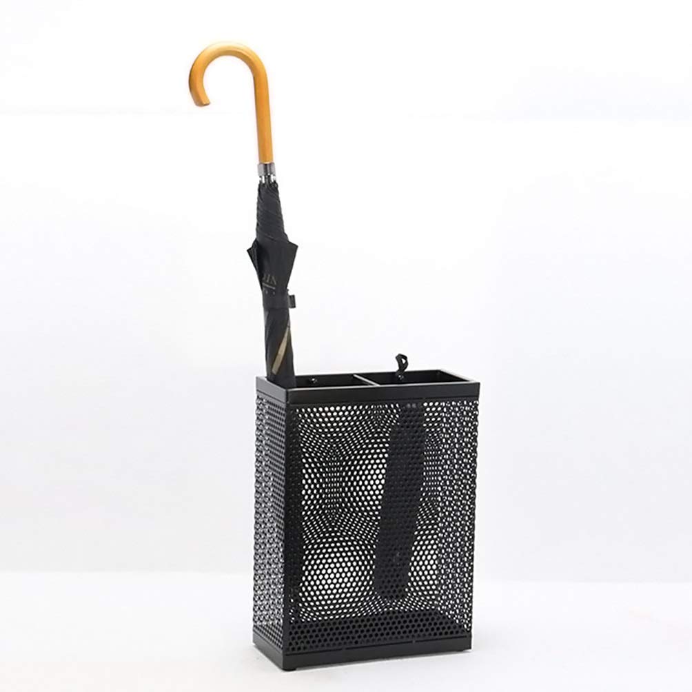 Paragüero con Soporte de Metal Hueco Negro, pequeña Cesta de Almacenamiento con Ganchos para Ahorrar Espacio en el Pasillo de Entrada, 30 x 13 x 40 cm