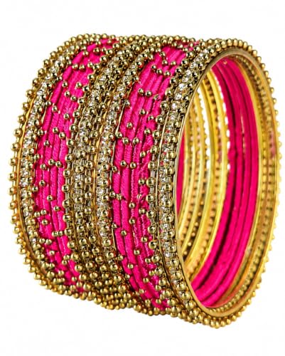 Image of NMII Non-Precious Metal with Base Metal and Zircon Gemstone Studded Ball Chain Linked Glossy Finished Silk thread Bangle set for Women and Girls