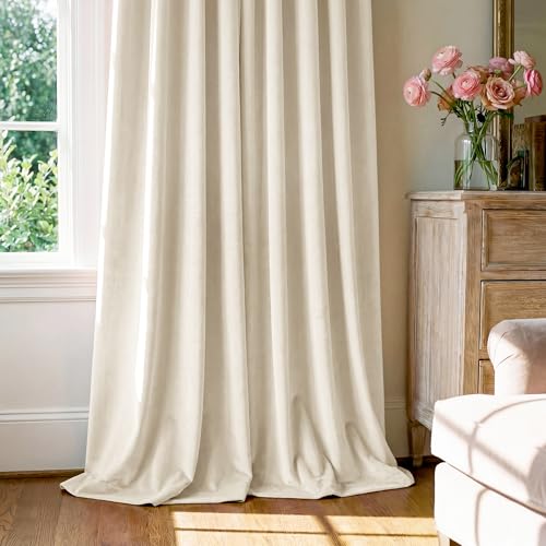 Image of Ivory White Velvet Curtains for Nursery Back Tab, W52 x L94, 2 Pcs | Cream Elegant Decor, Back tab Drapes, Light Filtering, Noise Reduction, Privacy for Cafe Store, Classroom, Dining Room