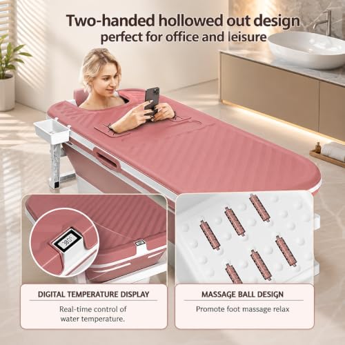 Image of Large Bathtubs for Adults Foldable Bath tub for Bathroom with Temperature Meter and Bath Pillow 148Lx62Wx52H CM Hot and Ice Spa Bathtub for Home Portable Adult Bathtubs (Pink)