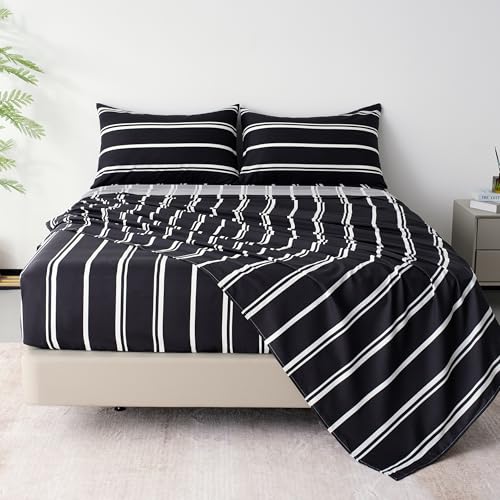 Image of Best Season Stripe Bed Sheets Set,4 Piece Super Soft Microfiber Bedding-Deep Pocket,Ultra Soft,Fade & Wrinkle Resistant(Full Size,Black&White)