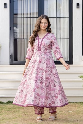 Image of MANHAREE Women's Cotton Anarkali Pink Kurta Pant with Dupatta Set