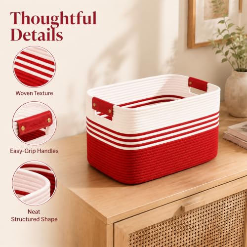 Image of 15.4GAL Rope Laundry Basket for Dorm, Cute Boho Square Woven Basket for Living Room Throws Pillow Blanket Storage, Short Dirty Clothes Hamper for Baby Girls Boys Toys Stuffed Animal Towel White Red