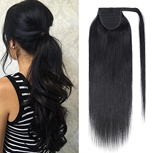 Elailite Ponytail Hair Extension Real Human Hair Remy - Wrap Around Clip in Hair Piece Straight (#1 Jet Black, 16 Inch)