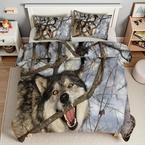 Housse de couette 160x200 en microfibre douce motif loup sauvage