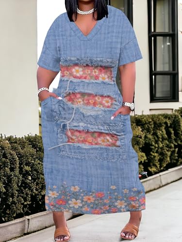 Image of SUZONANA Plus Size Denim Print Maxi Dresses for Women Casual V Neck Short Sleeve with Pockets Soft Jean Look Dress XL-6XL