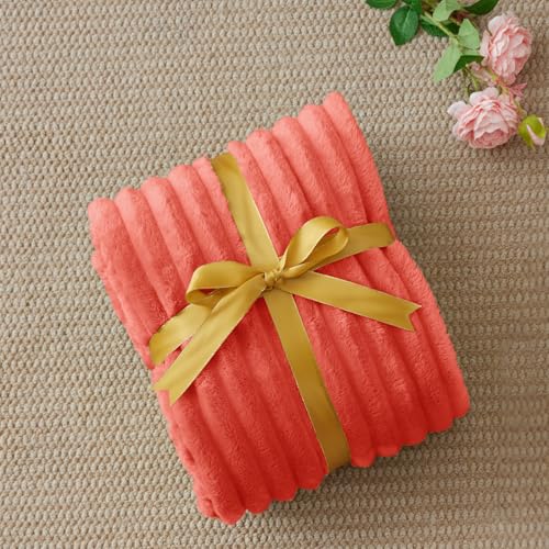 Image of BEDELITE Ribbed Fleece Throw Blanket for Couch, Coral Red, 50 inchx60 inch | Ultra-Soft Plush Fleece, Warm Yet Lightweight, Ribbed Texture, Home Decor, Machine Washable, Giftable, All-Season Use
