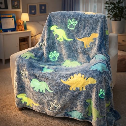 Image of Glow in The Dark Dinosaur Blanket for Kids, Blue | 240 GSM Premium Polyester Fleece, Ultra Soft Lightweight Cozy Throw, 200 x 150 cm, For Boys, Girls, Bed Sofa Travel