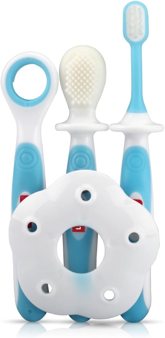 Baby Training Manual Toothbrush Set with Anti Choking Shield, Teeth & Tongue Cleaner, Baby Oral Hygiene, 3 Pcs, (White/Blue).