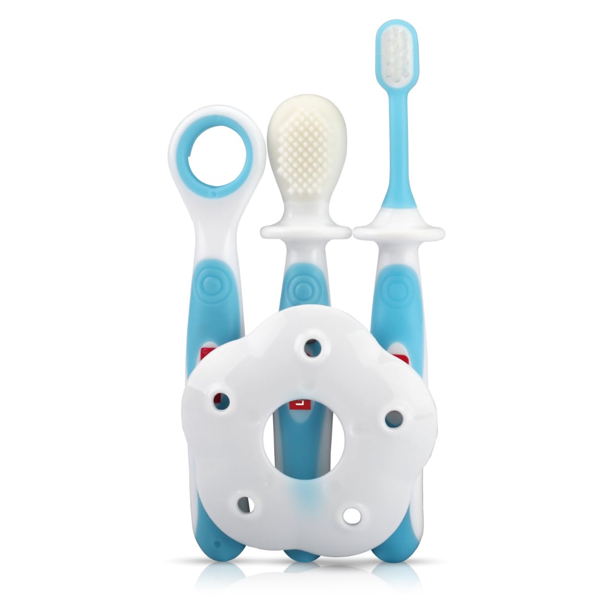 LuvLap Baby Training Manual Toothbrush Set for Kids with Anti Choking Shield,Teeth Tongue Cleaner,Baby Oral Hygiene,3 Pcs,(White/Blue)
